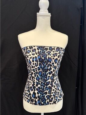 White House Black Market Strapless Blue and Black Leopard Print Dress